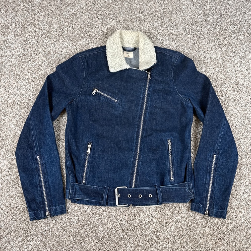 Gap Jacket Womens M Blue Sherpa Lined Denim Moto Belted‎ Asymmetric Zip